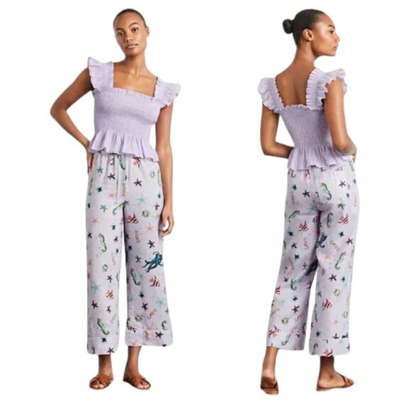 Hill House Pants - HILL HOUSE Linen Wide Leg Crop Skylar Pant In Sea Creatures Print